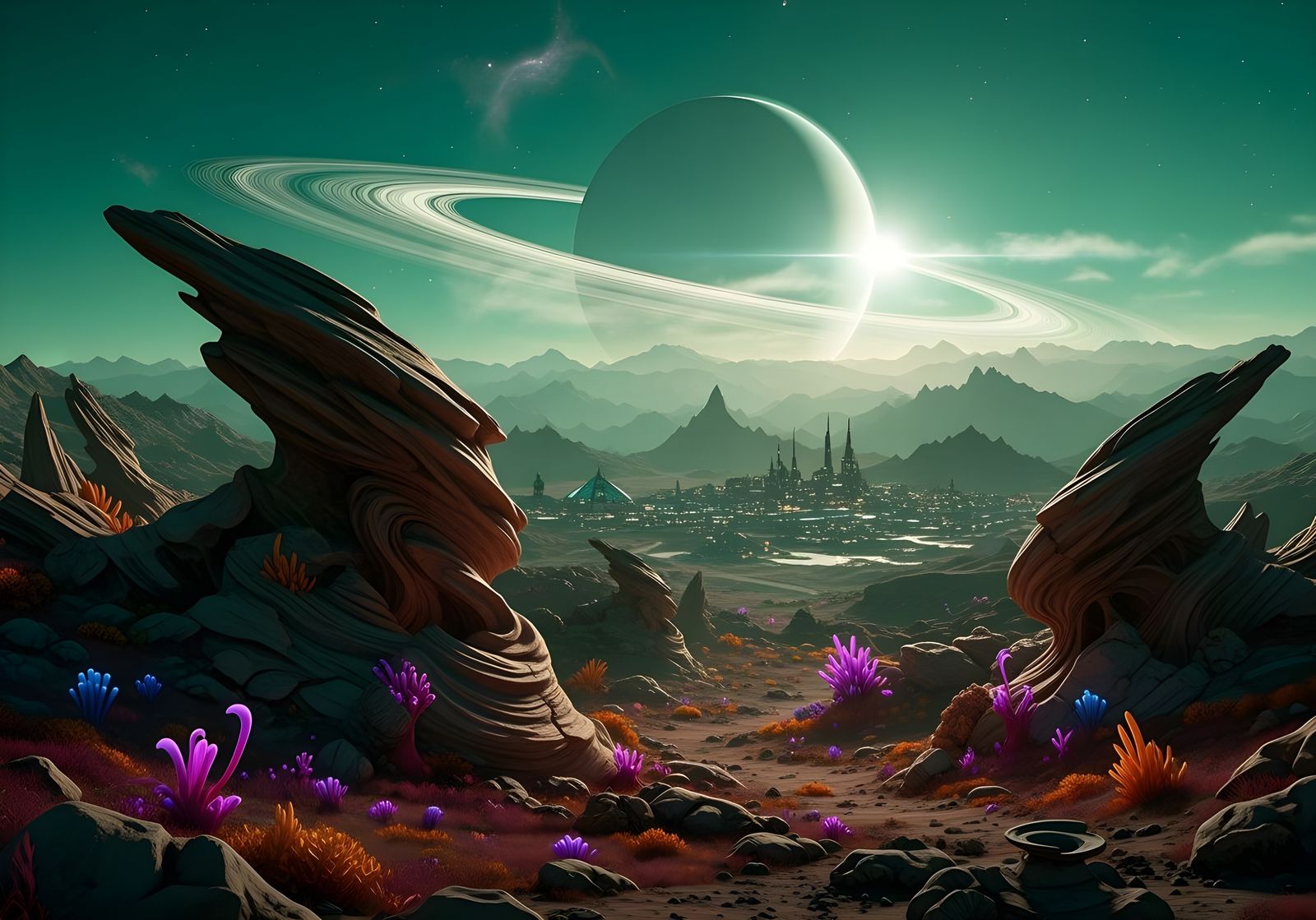 Alien Planet Surface with Strange Rock Formations and Ringed...