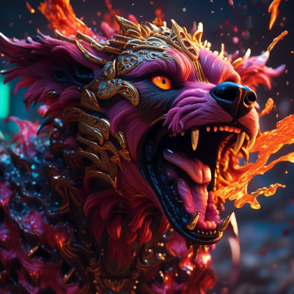 Armored Demon Dog Movie Poster in Hyperrealistic Style