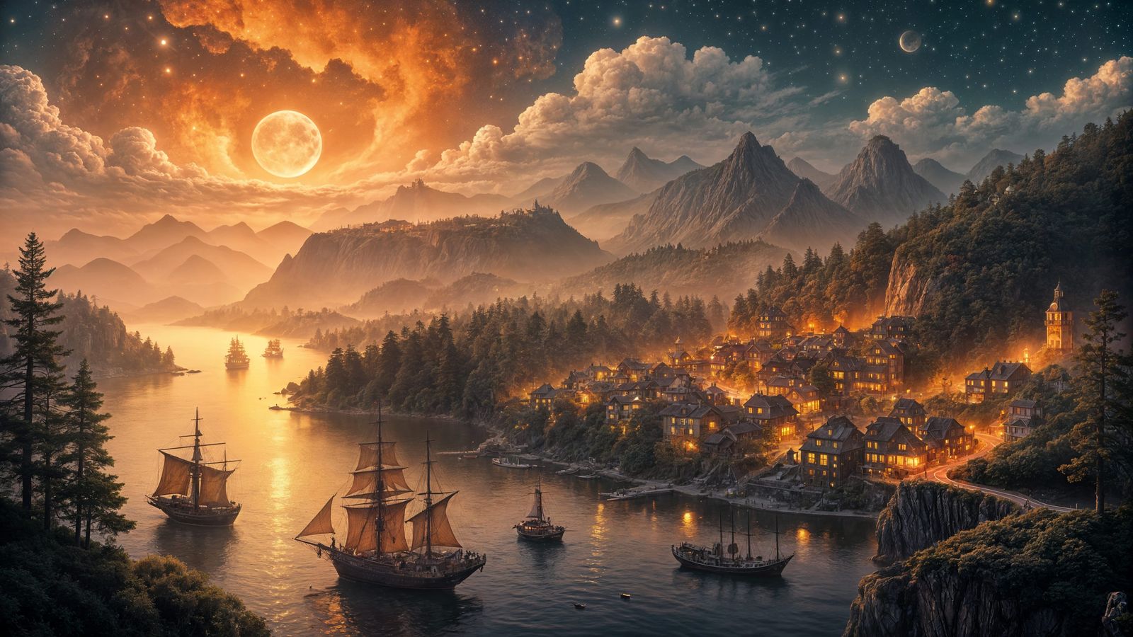 Enchanted 18th-Century Harbor at Twilight