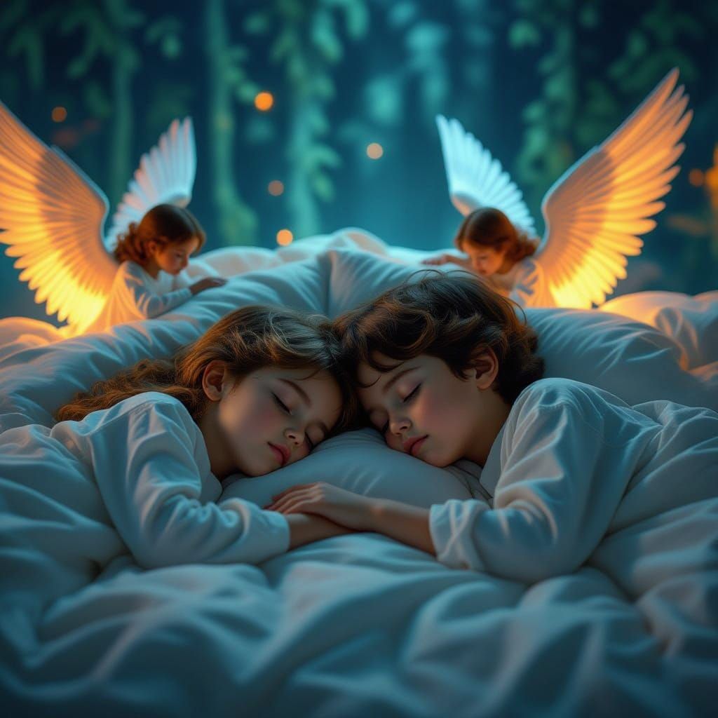 Angels Watching Over Serene Children in Dreamlike Scene
