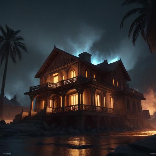 Burning Colonial House in Dramatic 3D Cinematic Style