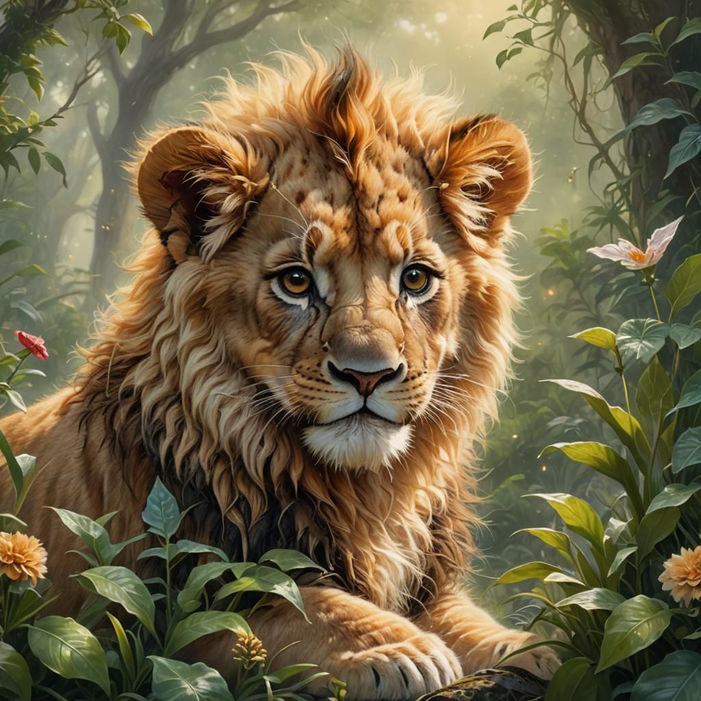 Lion Cub and Mouse in Ethereal Landscape