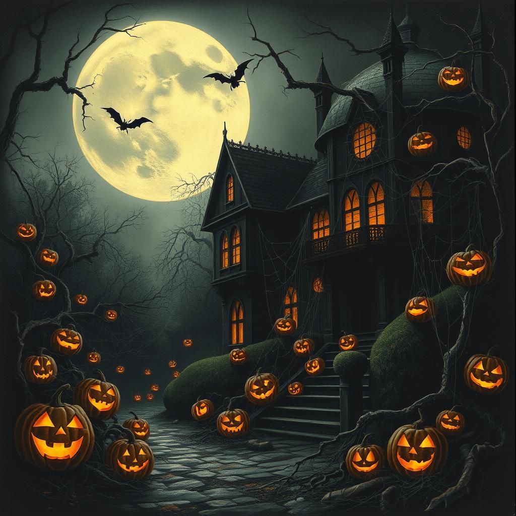 Eerie Halloween Scene in Gothic Etching Style