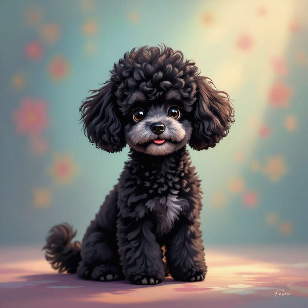 Playful Black Toy Poodle with Abstract Background