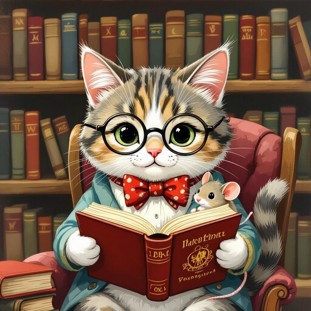 Whimsical Cat and Mouse Reading in a Cozy Library