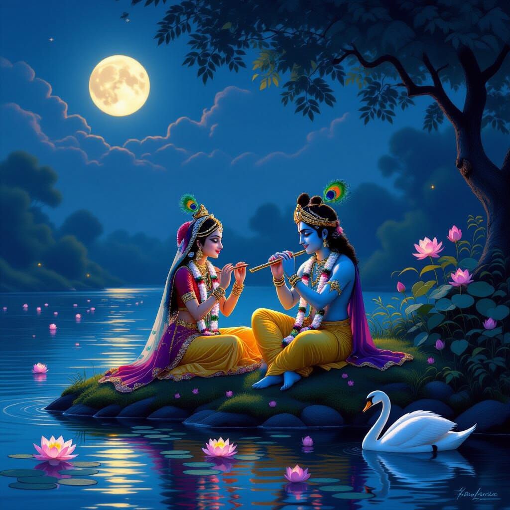 Radha Krishna Serene Twilight Scene in Indian Miniature Styl...