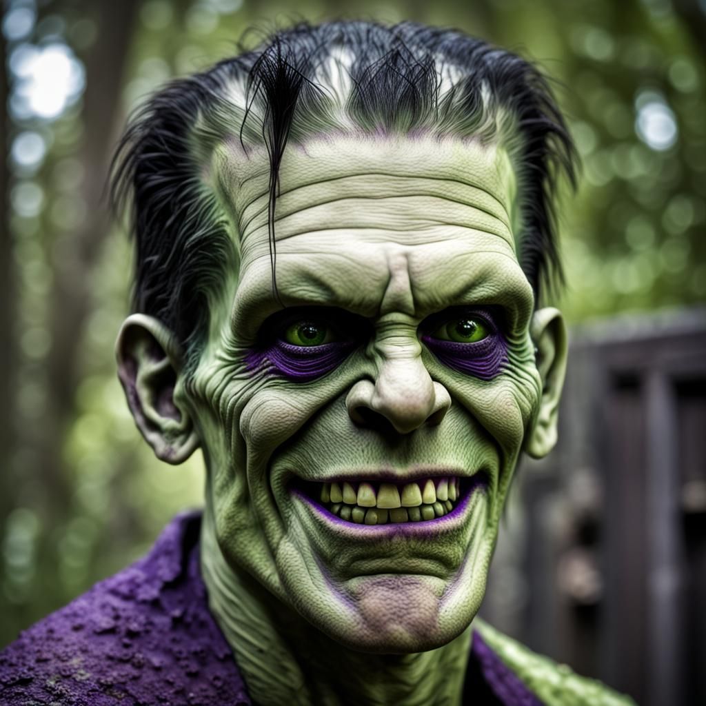 Hyperrealistic Frankenstein Portrait with Creepy Smile