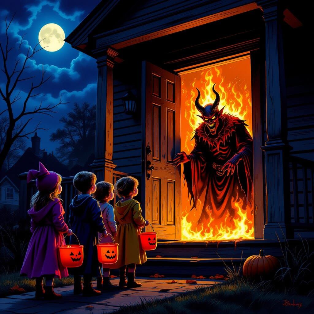 Children Encounter Satan at Spooky House Door