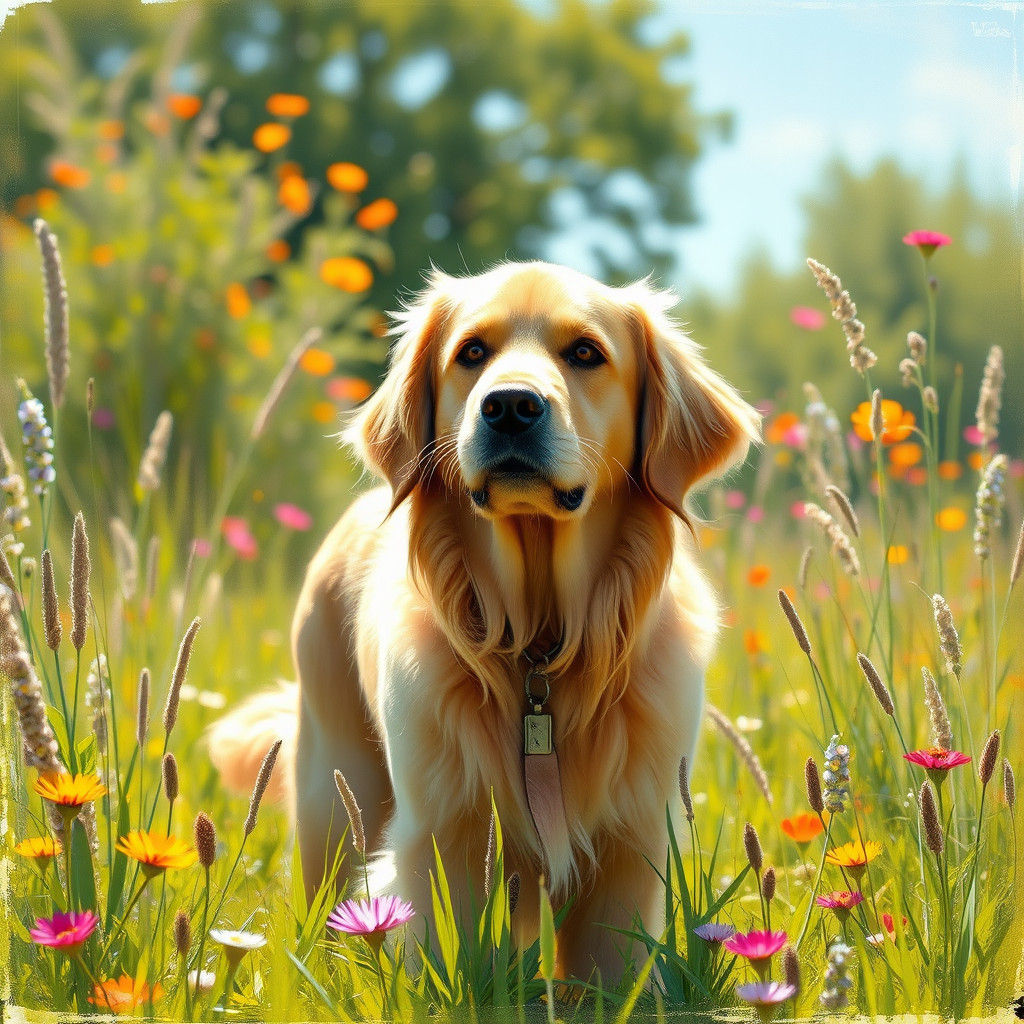 Golden Retriever in Meadow, Impressionist Style
