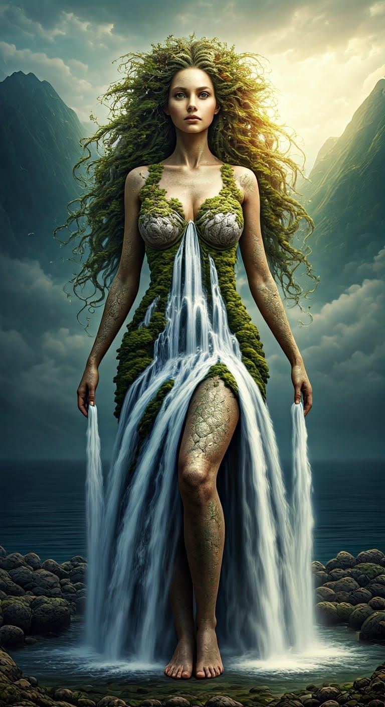 Waterfall Giantess: Breathtaking Photorealistic Stone Woman