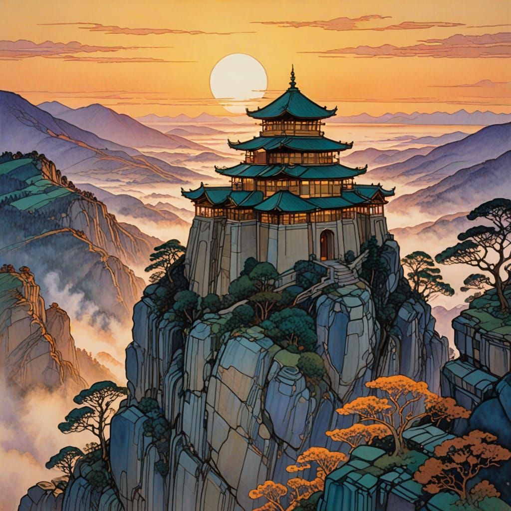 Mountain Temple at Sunrise in Art Nouveau Style