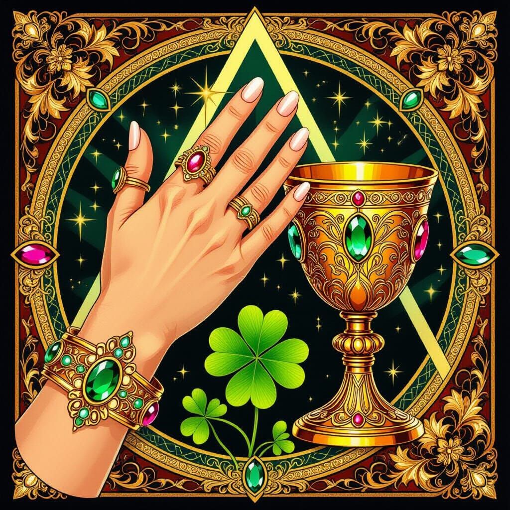 Ornate Hand, Clover, and Chalice in Art Nouveau Style