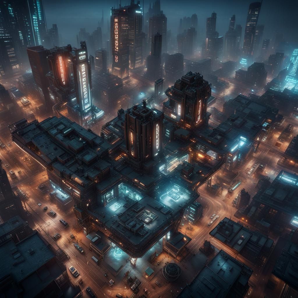 Dystopian birds eye view of a cyberpunk city