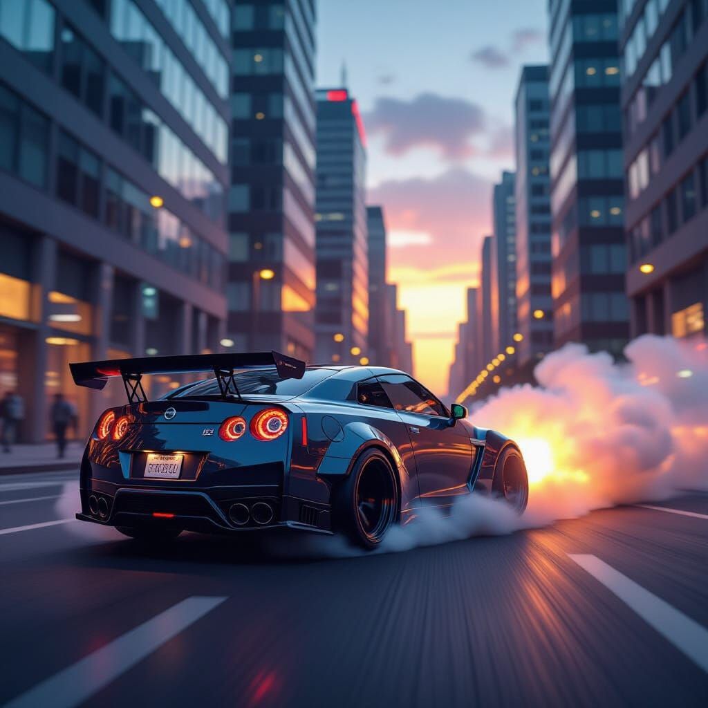 Nissan GTR Drifts Through Neon City Streets at Sunset