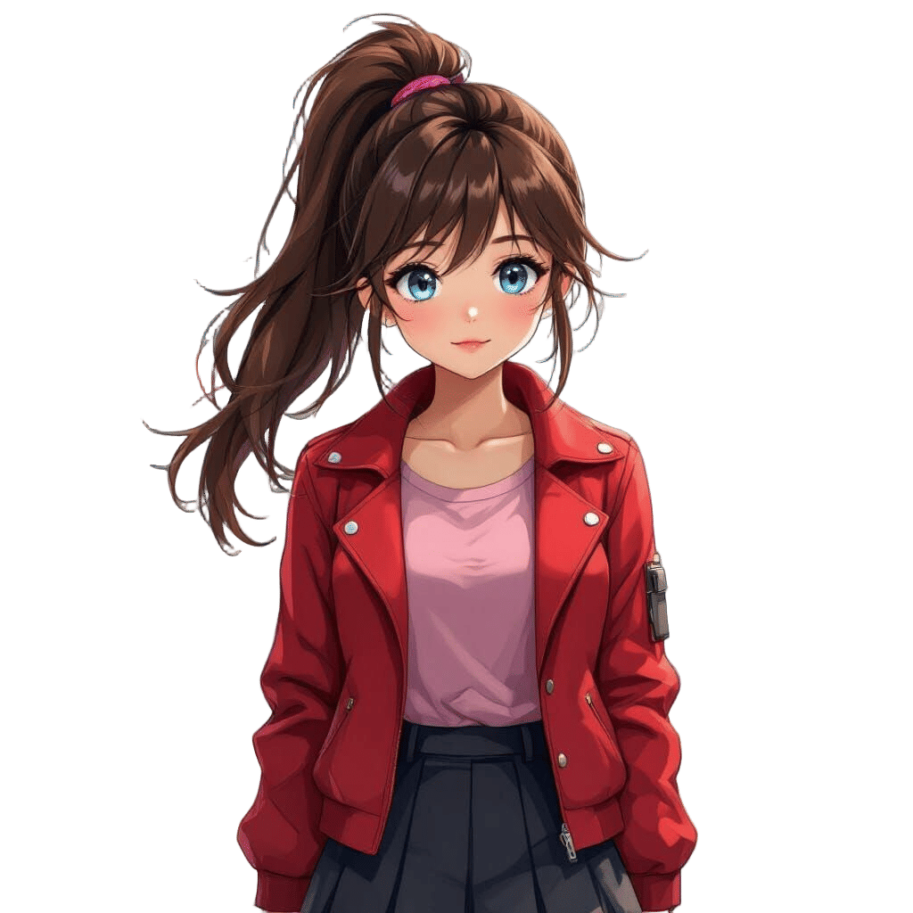 Anime Girl in Crimson Jacket and Black Boots