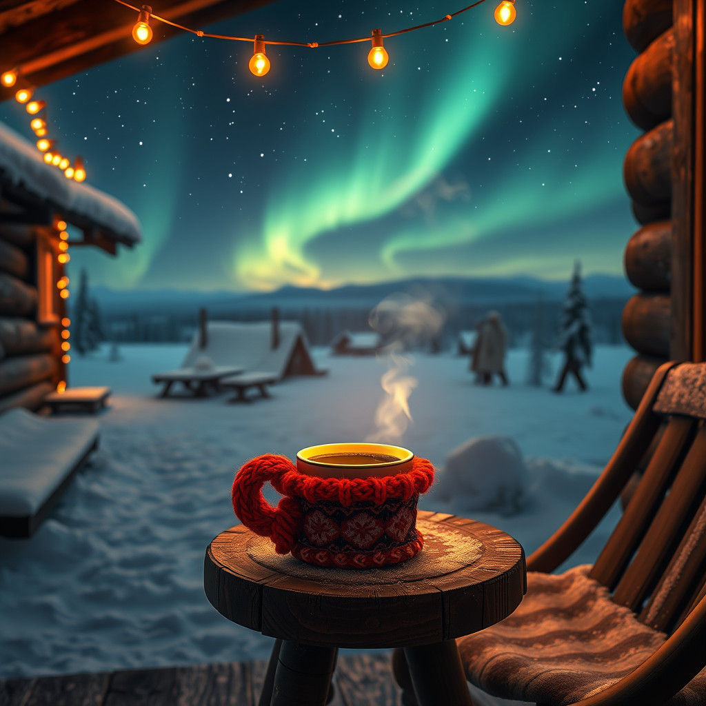 Cozy Coffee Cup Under Northern Lights