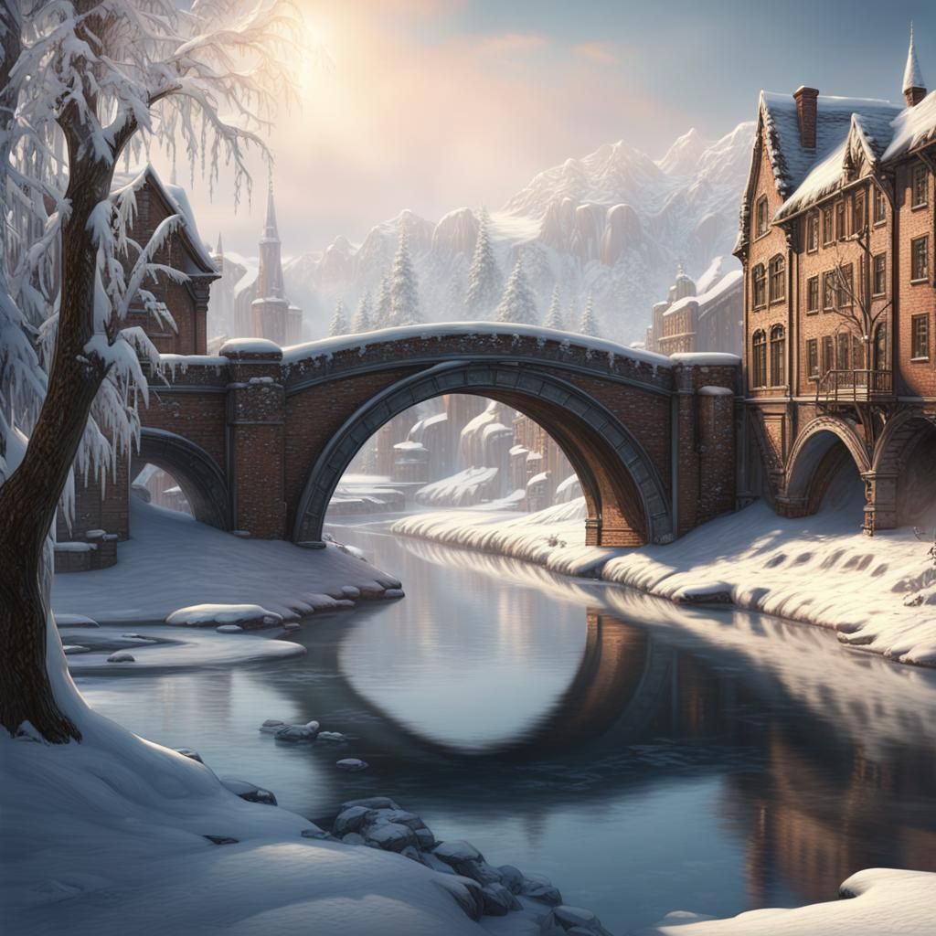 Icy River Town with Arched Bridge in Winter