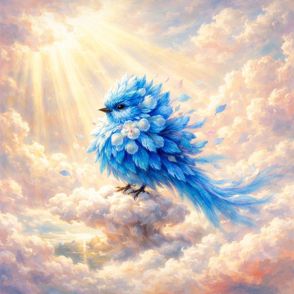 brilliant Blue Fluffy feathered Blossom bird, surrealism portrait Stylized, Oil Painted Airbrush,  chaotic cinematic pas...