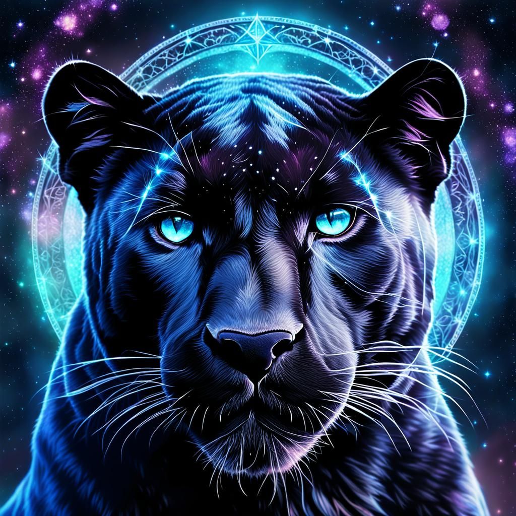 Cosmic Panther Portrait in Vibrant Mixed Media