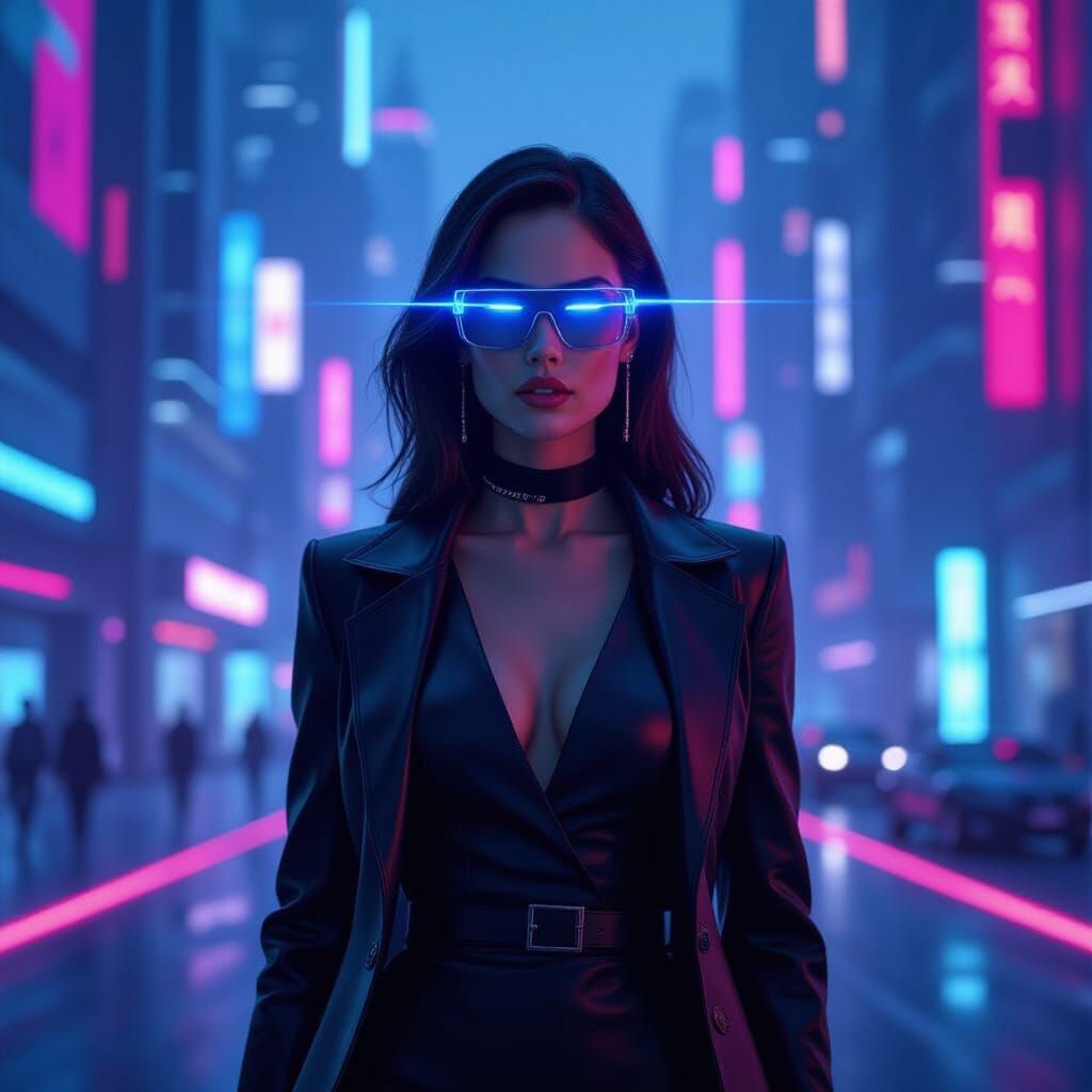 Futuristic Woman in Neon Cityscape, Cinematic Style