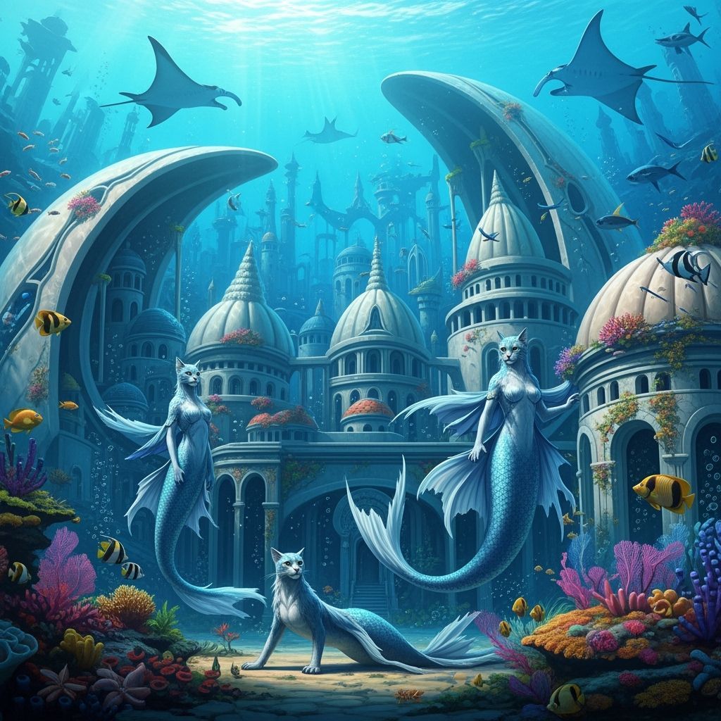 Underwater Feline-Mermaid City with Coral Reefs