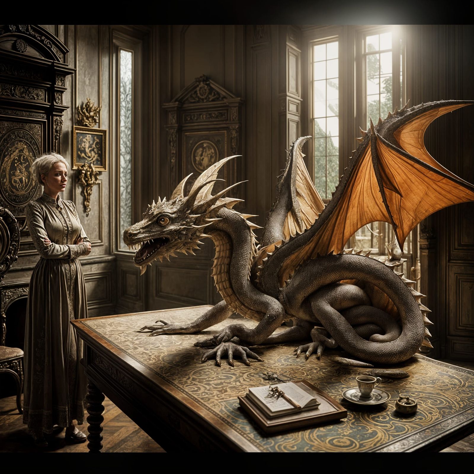 Missy and Dragons in a Hyperrealistic Magical House