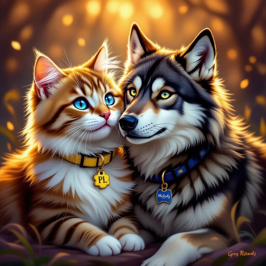 Joyful Cat and Wolf Embrace in Golden Hour Light