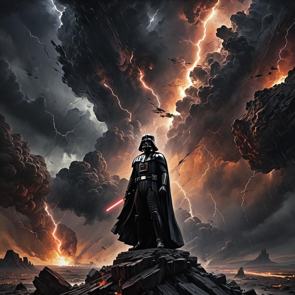 Darth Vader Over Dark Galaxy in Dramatic Oil Painting