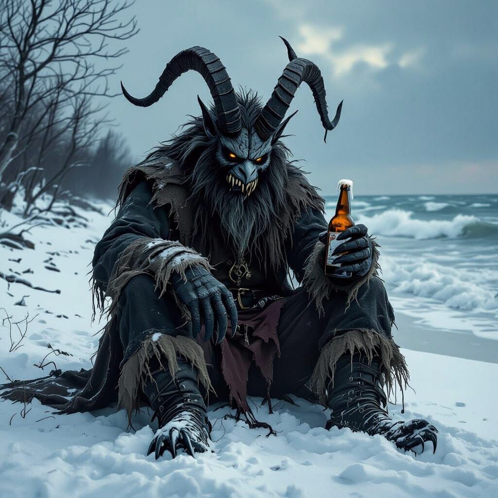Terrifying Krampus Drinks Beer on Snowy Michigan Beach