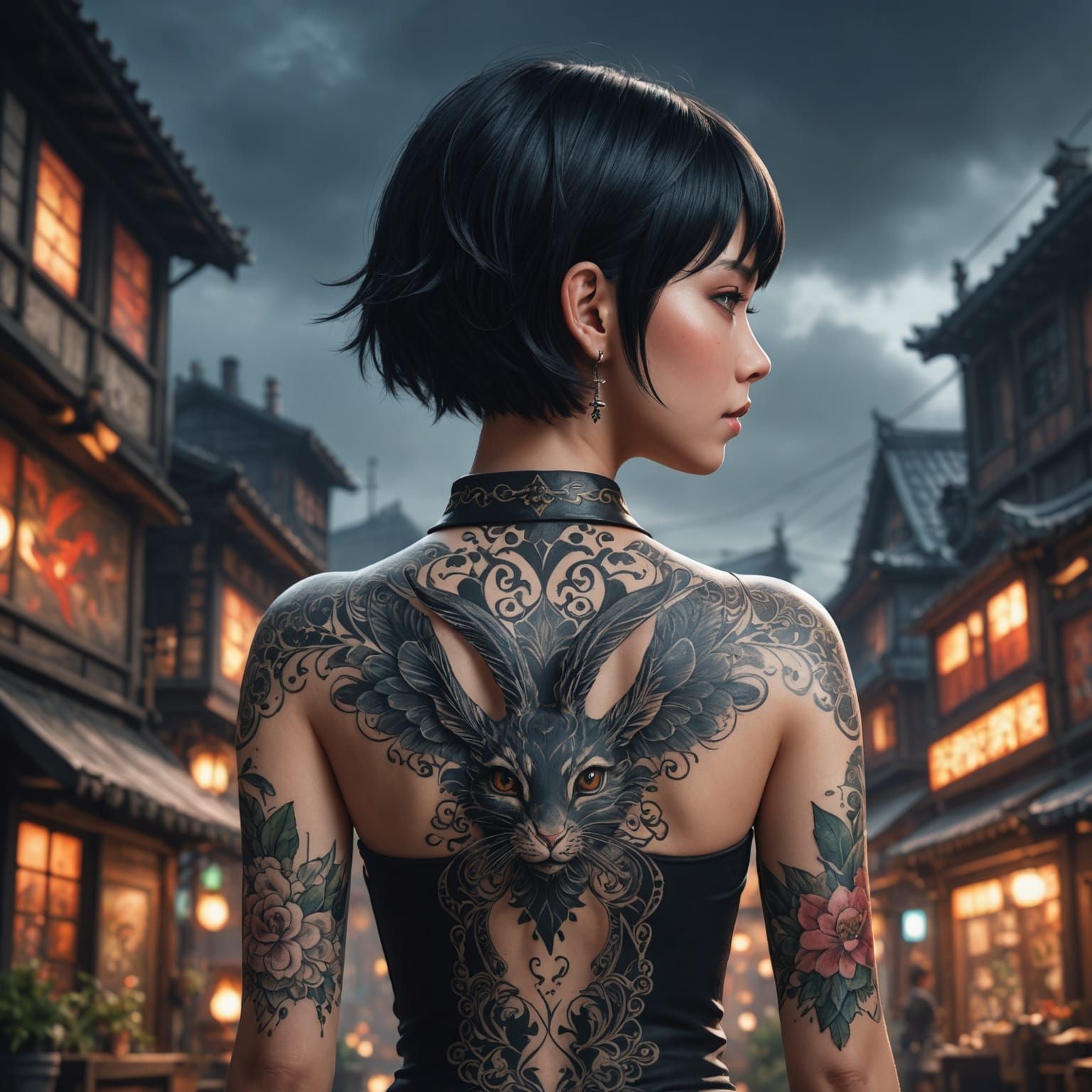 Anime Woman with Rabbit Tattoo Art
