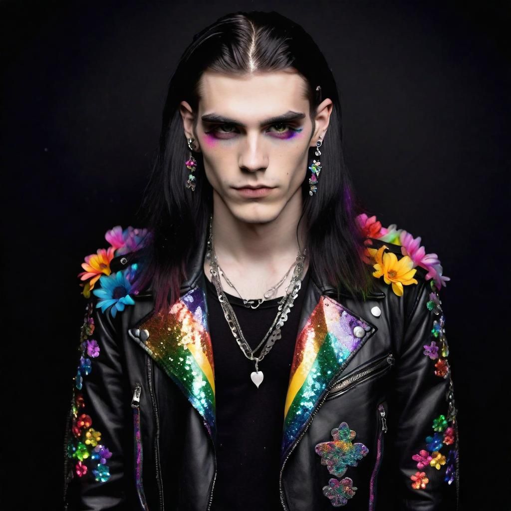 Goth Man with Rainbow Flowers and Glitter