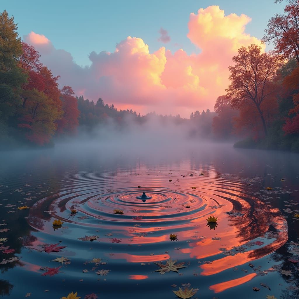 Colorful Non-Newtonian Fluid Lake with Autumn Leaves