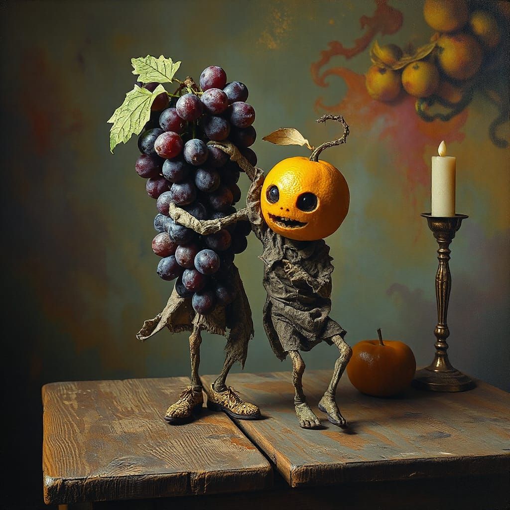 Surreal Zombie Grape Bundle Dances in Dreamlike Atmosphere
