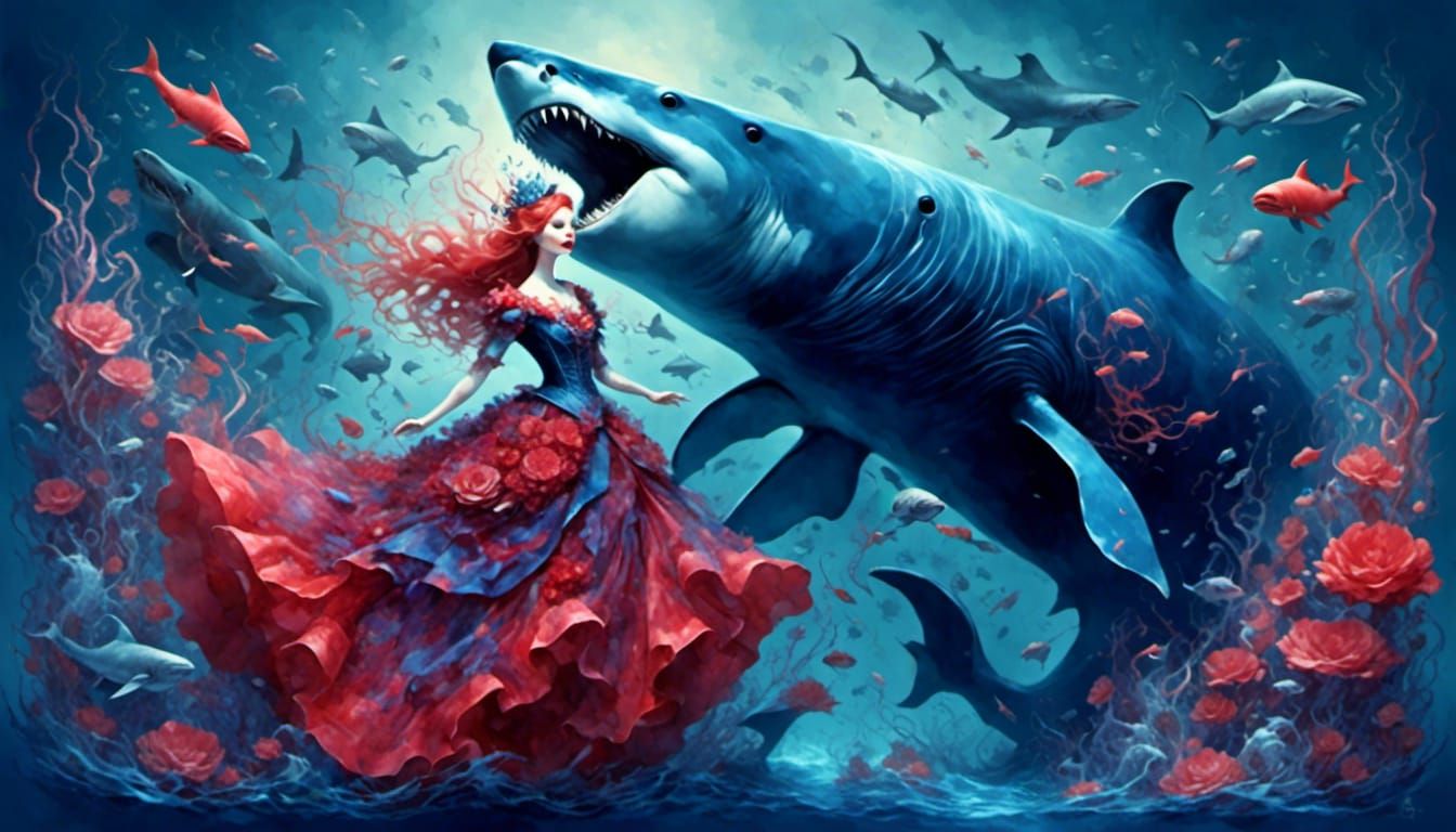Anthropomorphic Megalodon Princess in Indigo-Crimson Gradien...