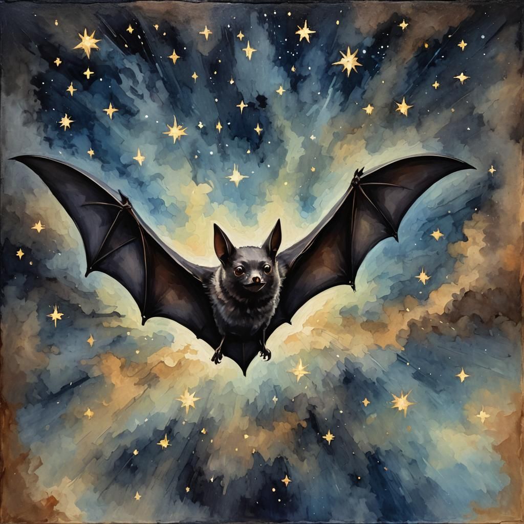 Symmetric Bat Soaring Through Starry Night as Oil Painting