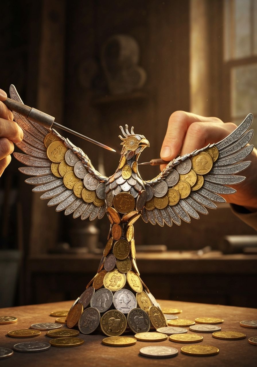 Phoenix Statue Crafted from Coins in Studio