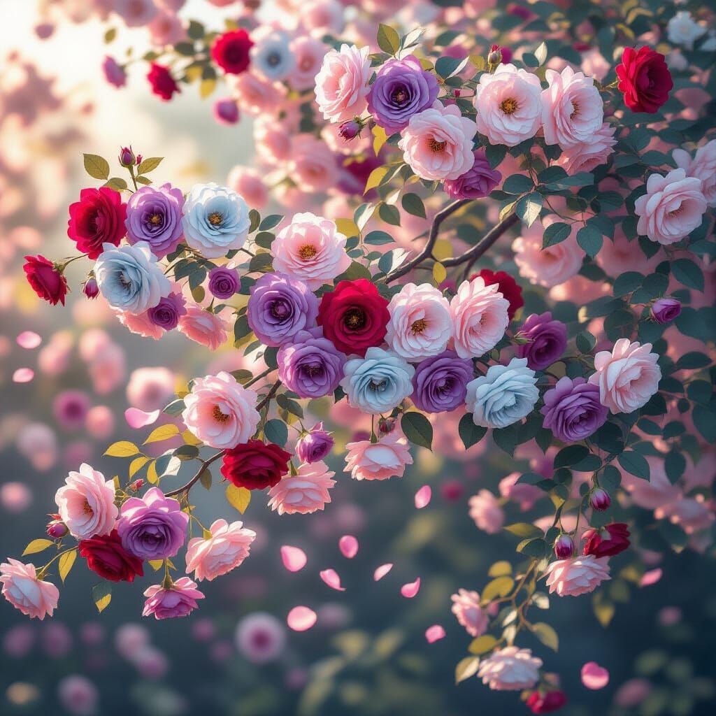 Majestic Rose Tree in Soft Hues, Cinematic 3D Art