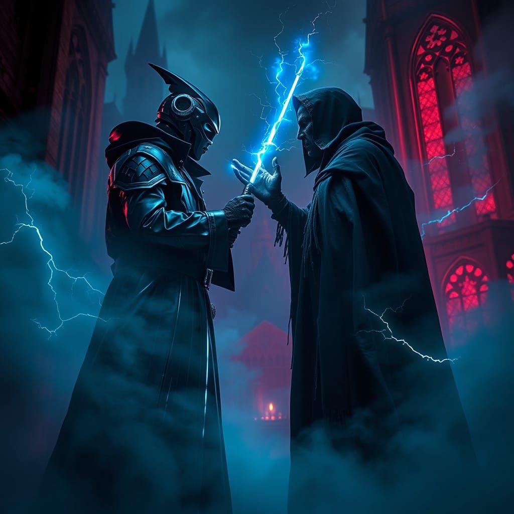 Cyberpunk Wizard Battle between Harry Potter and Voldemort i...
