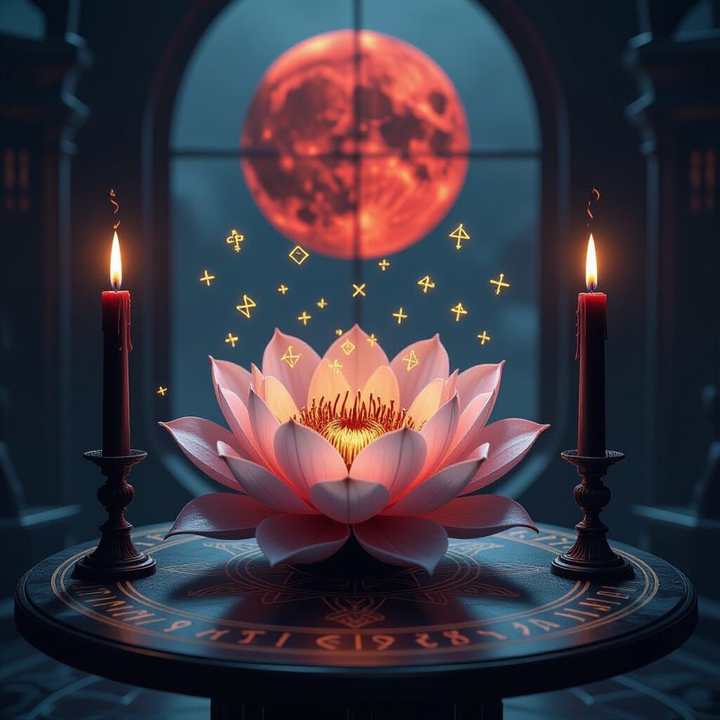 Carnivorous Flower with Runes in Futuristic Chamber