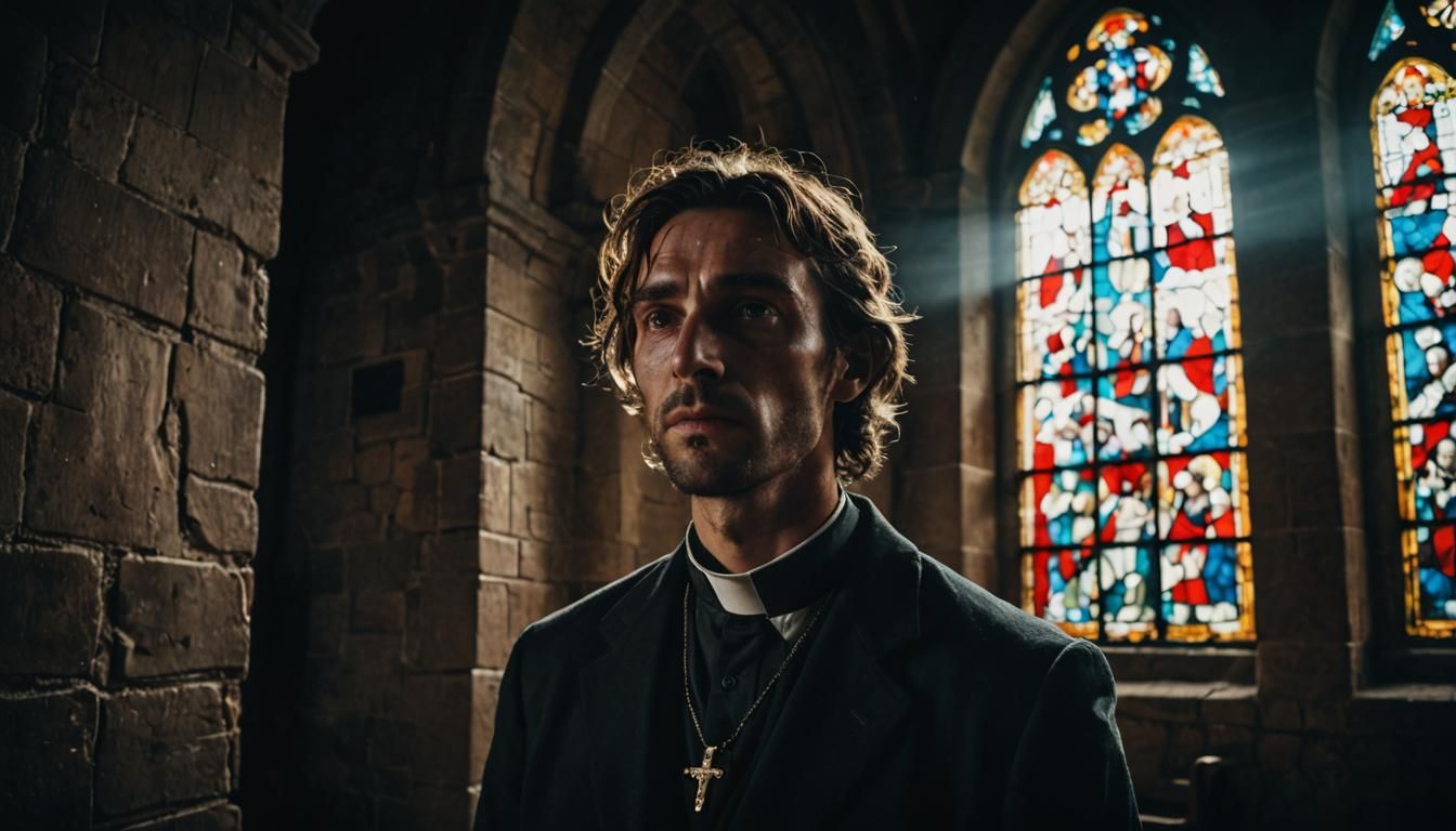 Dramatic Church Interior with Stained Glass Light