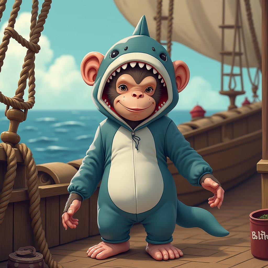 Whimsical Monkey Shark in Vintage Pirate Ship Setting