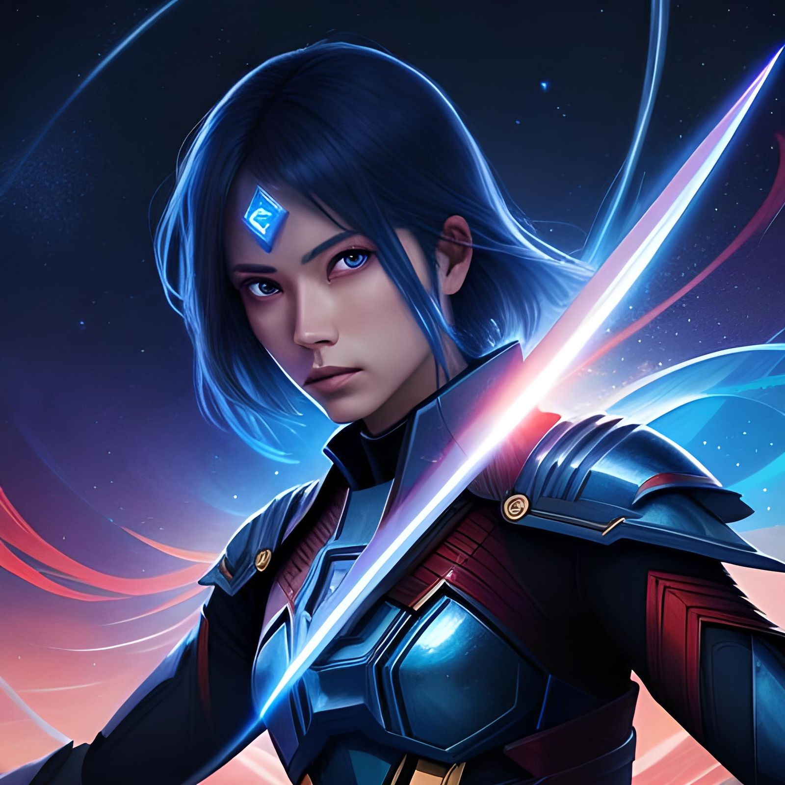 Warrior Girl with Sword in Nebula Night