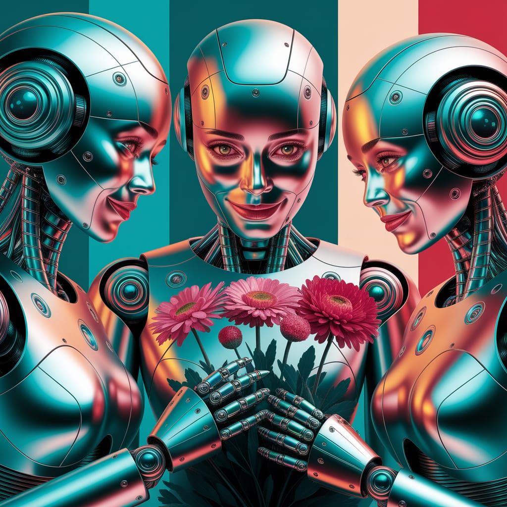 Android Robots Tend Flowers: Impressionist Sci-Fi Art
