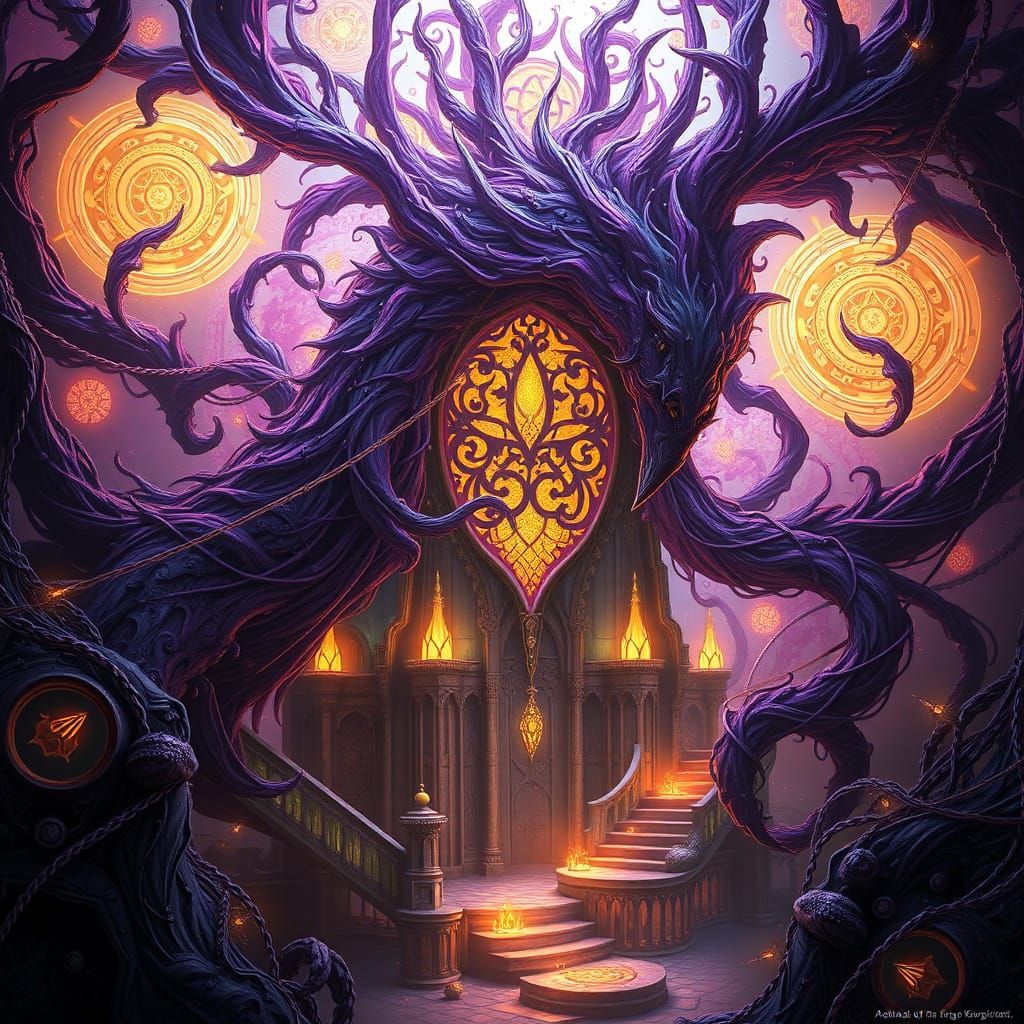 Ethereal Dark Fantasy Castle in Regal Purple and Golden Yell...