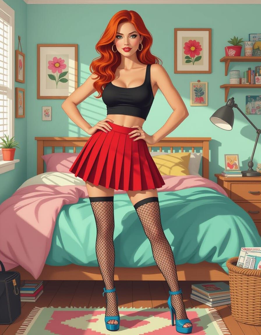 Redhead Woman in Bedroom, Whimsical Illustration