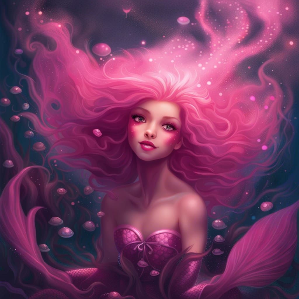 Pink Mermaid Smiling in a Shimmering Night Sea