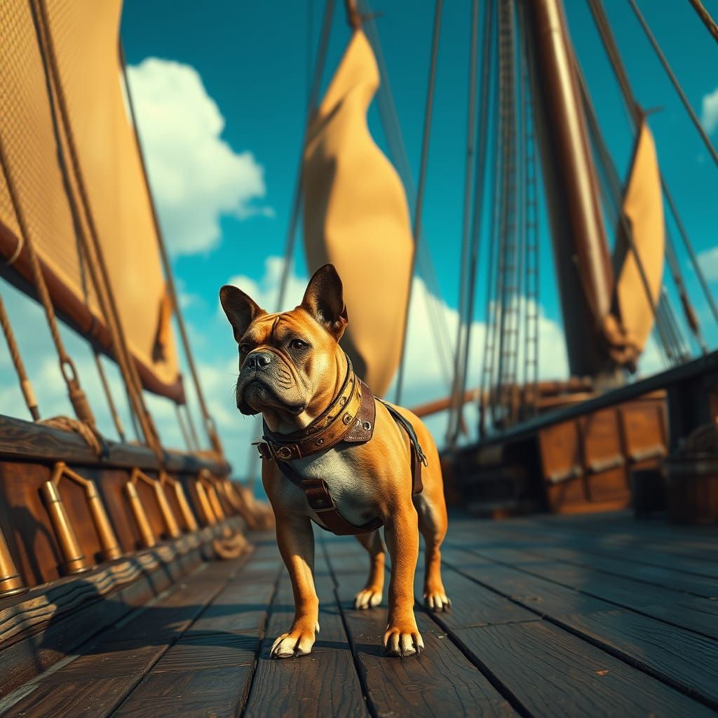 Majestic Sailing Ship Guarded by Fierce Fantasy Dog