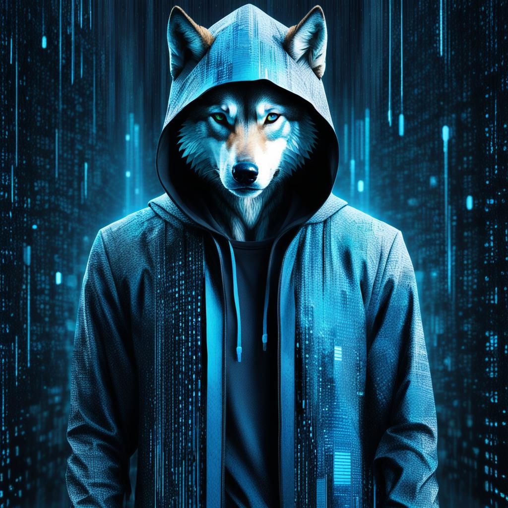 Hooded Wolf-Man in Matrix-Style Digital World