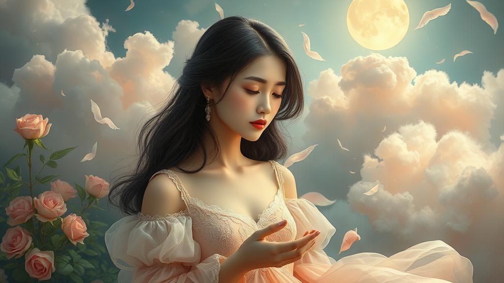 Serene Woman in Dreamlike Landscape, Surreal Art