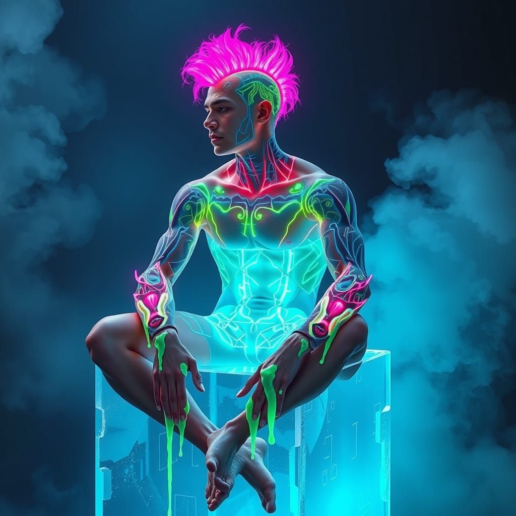 Cybernetic Warrior in Neon Haze